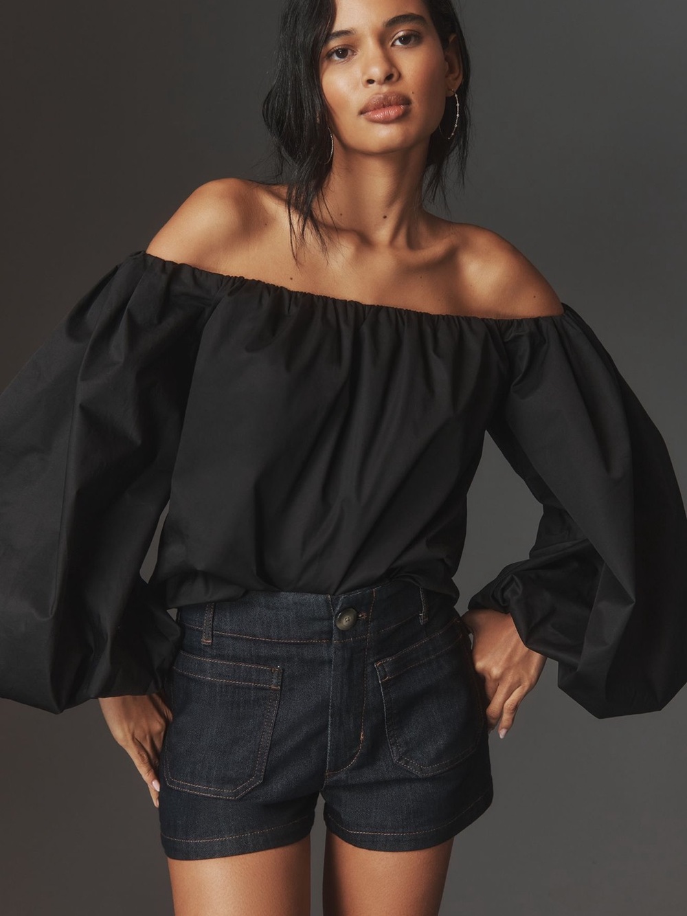 Anthropologie Black Off-Shoulder Balloon-Sleeve Top